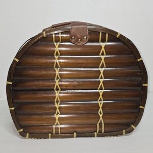 Large Vintage Woven Split Bamboo Basket Hinged Lid Handle Brown